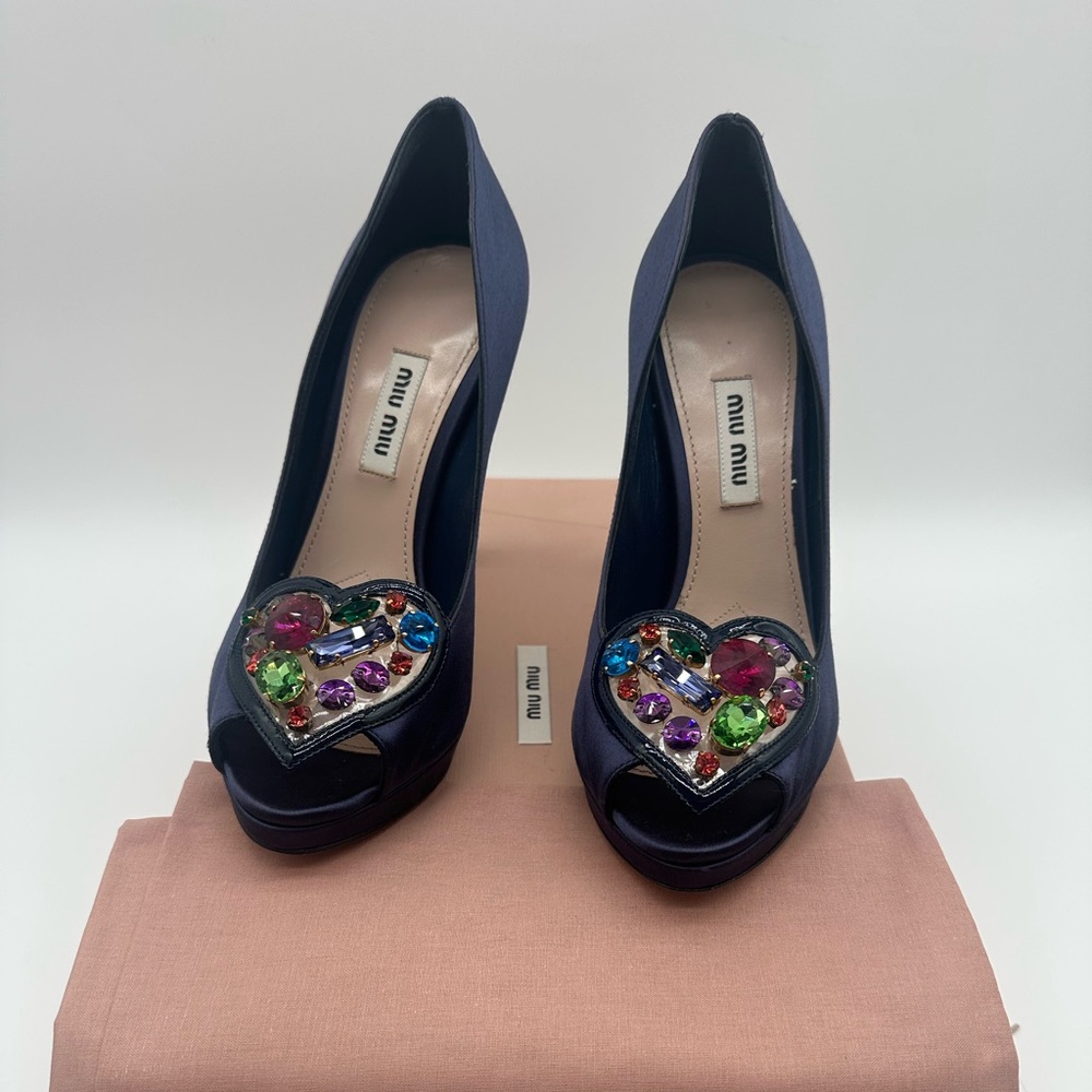 Miu Miu Women's Navy Peep-Toe Heels with Multicolor Gem Accents